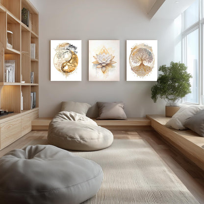 GELDSTEI Calm Zen Botanical Canvas Wall Art, White Lotus Blooming on Stones in Water Aesthetic Pictures, Yoga Spa Meditation Room Decor, Modern Spiritual Poster Prints for Zen Office Framed Set of 3, Each 12x16 Inch