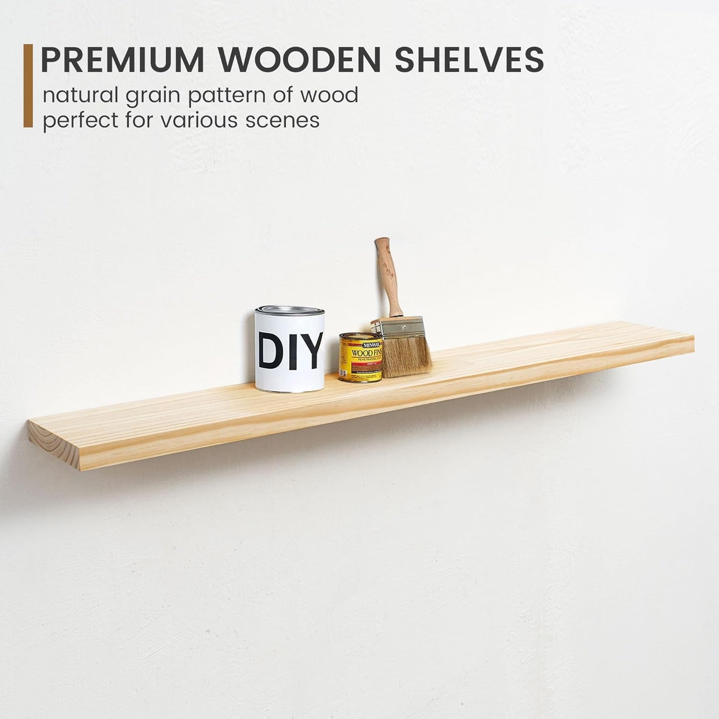 Floating Shelves 36 Inches Long - 8 Inch Deep Rustic Premium Solid Pine Wood for Storage - Farmhouse Wall Mounted for Living Room - Heavy-Duty Metal Bracket - 36" W x 8" D - Set of 2 - White Color