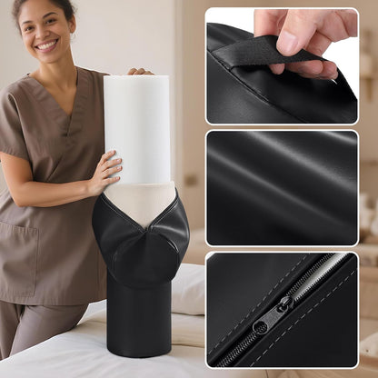 Noverlife 3/4 Round Massage Table Bolster Pillow with Strap Handle, 26 x 6 x 6 in PU Leather Massage Bolster for Under Legs, Cozy Positioning Support Pad for Knee Neck Back Pain Relief - Black