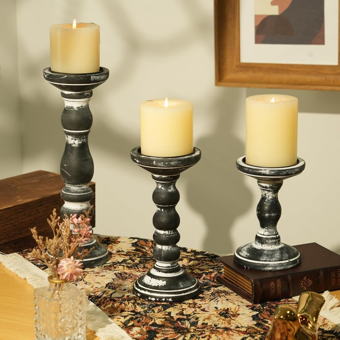 Wood Pillar Candle Holder: 3Pcs Rustic White Candle Holders for Pillar Candles Wood Candle Holders Distressed Wooden Farmhouse Candle Holder Large Rustic Candle Holder for Fireplace Table