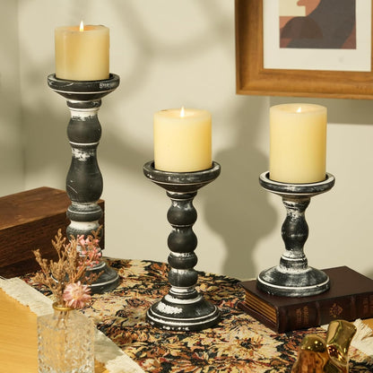 Wood Pillar Candle Holder: 3Pcs Rustic White Candle Holders for Pillar Candles Wood Candle Holders Distressed Wooden Farmhouse Candle Holder Large Rustic Candle Holder for Fireplace Table