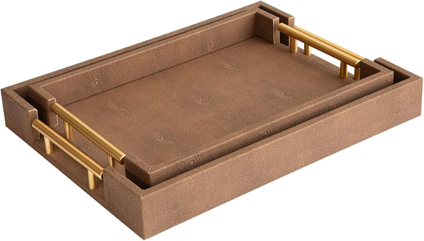 Modern Decorative Tray Set of 2 Ivory Shagreen Leather and Wood Serving Tray with Gold Polished Metal Handles for Ottoman, Coffee Table, Bathroom and More