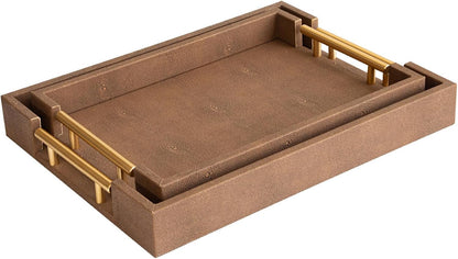 Modern Decorative Tray Set of 2 Ivory Shagreen Leather and Wood Serving Tray with Gold Polished Metal Handles for Ottoman, Coffee Table, Bathroom and More