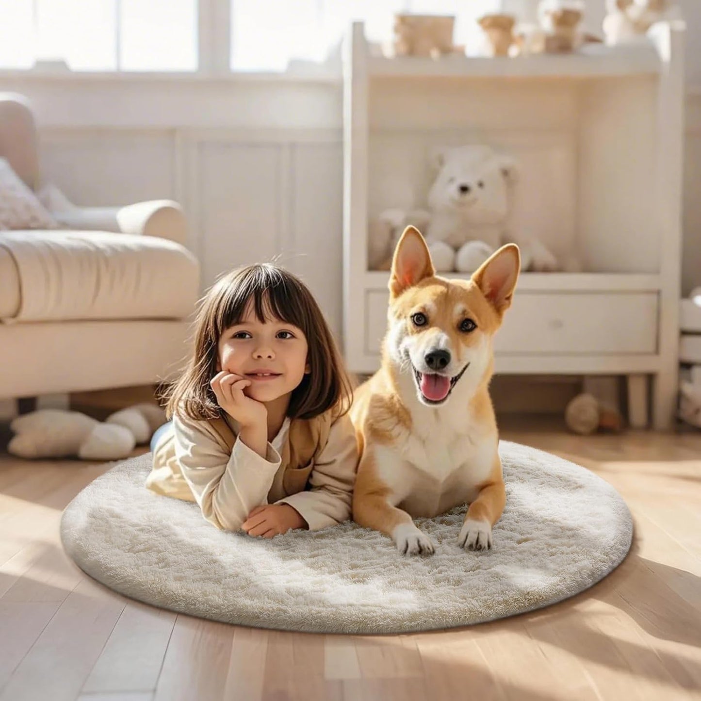 Ophanie Round Rugs 5Ft Ivory Circle Area Rug, Nursery Room Decor, Christmas Aesthetic Bedroom Home Circular Carpet 5 Foot, Fluffy Fuzzy Shag Plush Cream Living Room Rugs for Kids Boys Girls Teen Baby