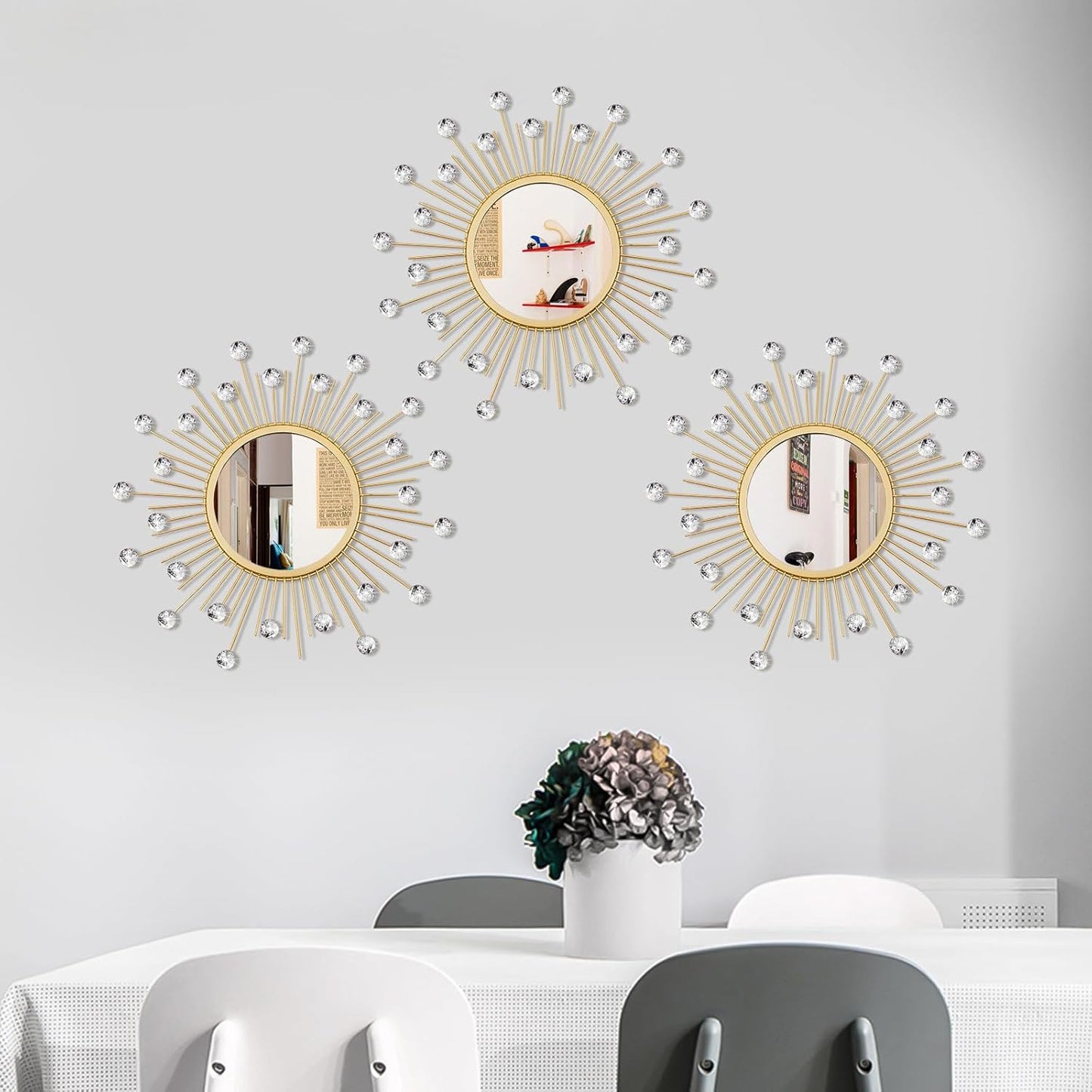 3 Pack Metal Mirrors for Wall Sunburst Wall Mirrors Home Décor Decorative Hanging Wall Art for Living Room Bedroom Entryway (Gold, Flower+Sunburst)