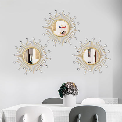 3 Pack Metal Mirrors for Wall Sunburst Wall Mirrors Home Décor Decorative Hanging Wall Art for Living Room Bedroom Entryway (Gold, Flower+Sunburst)