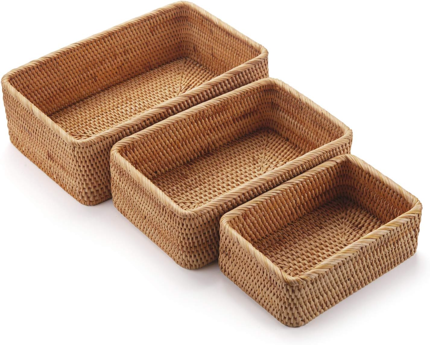Round Rattan Fruit Baskets Woven Storage Bowls Key Holder Stackable for Shelf Kitchen Tabletop Natural Set of 3