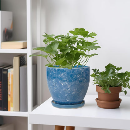 10 Inch Ceramic Planter Pot Round Plant Pot for Indoor Plants Outdoor Large Flower Pot with Drainage Hole and Saucer Blue