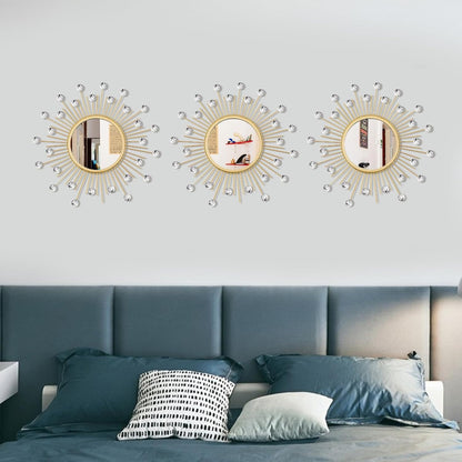 3 Pack Metal Mirrors for Wall Sunburst Wall Mirrors Home Décor Decorative Hanging Wall Art for Living Room Bedroom Entryway (Gold, Flower+Sunburst)