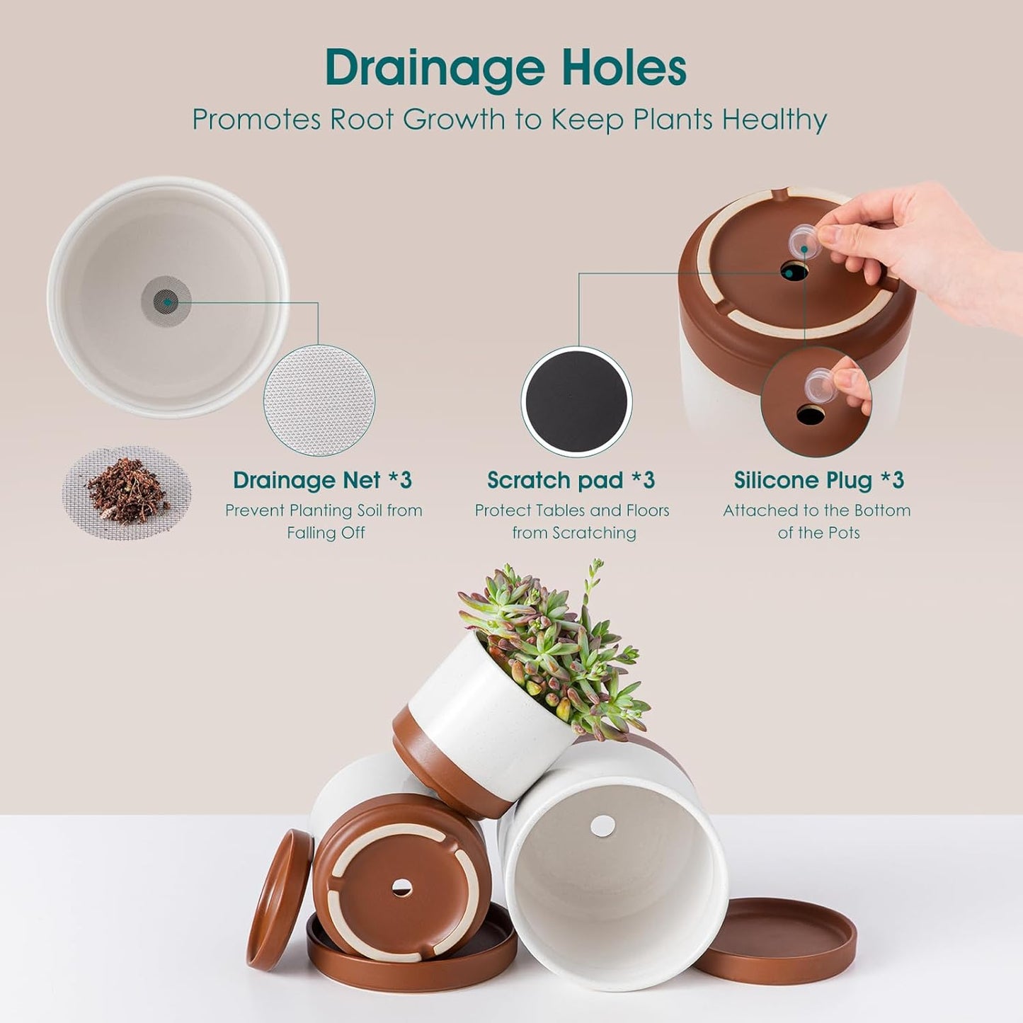 vancasso Ceramic Plant Pots, 3 Piece Planters for Indoor Plants, 4.25+5.25+6.25 Inch Flower Pots with Drainage, Plant Pots Indoor for Succulent, Pothos, Snake Plant and Money Tree, Etc (White)