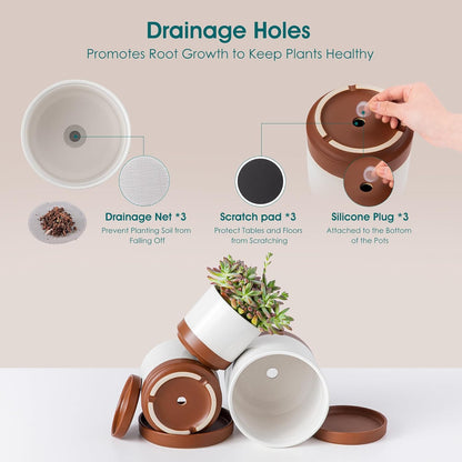 vancasso Ceramic Plant Pots, 3 Piece Planters for Indoor Plants, 4.25+5.25+6.25 Inch Flower Pots with Drainage, Plant Pots Indoor for Succulent, Pothos, Snake Plant and Money Tree, Etc (White)