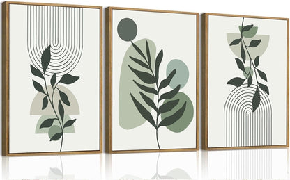 Bwodke Boho Wall Art, Framed Abstract Wall Art, Green Botanical Neutral Canvas Wall Decor, Large Mid Century Plant Pictures Set of 3, Modern Minimalist Paintings, for Bedroom Living Room Bathroom