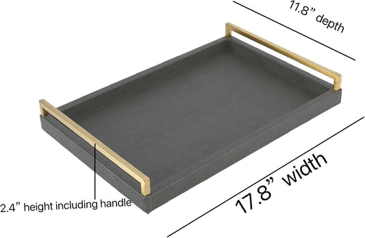 Ivory Shagreen Leather Serving Tray with Gold Handles-17.7x11.8 Inch Large Wooden Decorative Ottoman Tray fro Coffee Table, Kitchen, Dining, and Home Decor (Ivory)