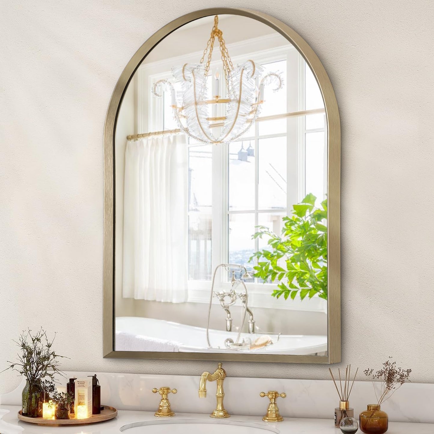 Black Arched Mirror, Modern Bathroom Wall Mirror Aluminum Alloy Framed Mirror Brushed Metal Vanity Wall Mounted Mirror for Livingroom Bedroom Entryway Room 16"x12"