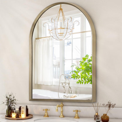 Black Arched Mirror, Modern Bathroom Wall Mirror Aluminum Alloy Framed Mirror Brushed Metal Vanity Wall Mounted Mirror for Livingroom Bedroom Entryway Room 16"x12"