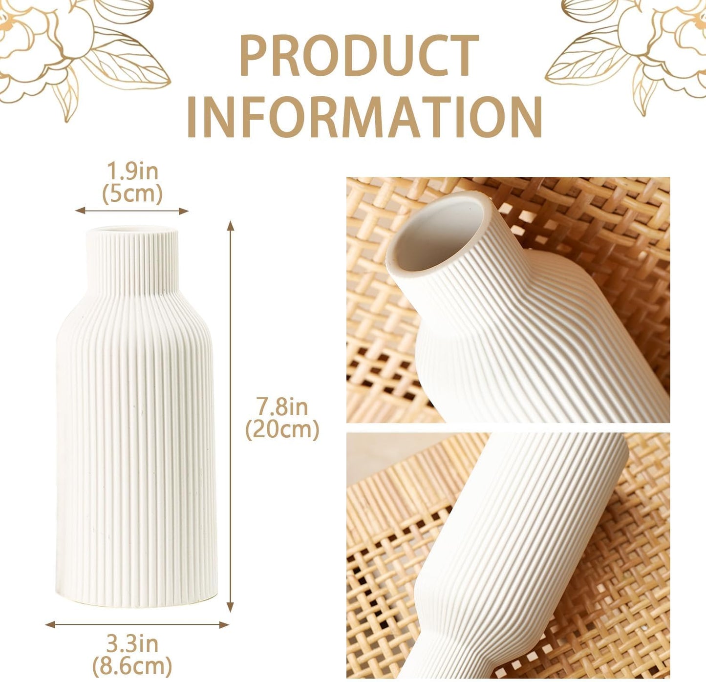 Bohemian White Ceramic Vase - for Pampas Grass, Mantel, Bookshelf, Entryway and Living Room Decor (White, 7in)