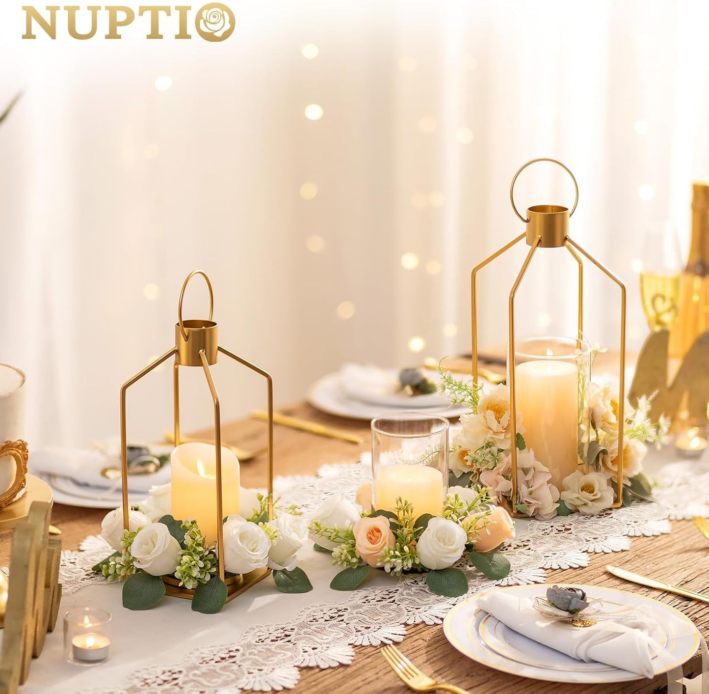 Nuptio Decorative Lantern Candle Holder: 2 Pcs Glass Hurricane Pillar Candles Holders Rustic Black Metal Hanging Lanterns Decor for Outdoor Wedding Farmhouse Home Fireplace Christmas Halloween