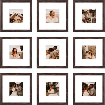12x12 Picture Frame Set of 9, Display Pictures 8x8 with Mat or 12x12 without Mat, Multi Collage Gallery Square Photo Frames for Wall or Tabletop, Black
