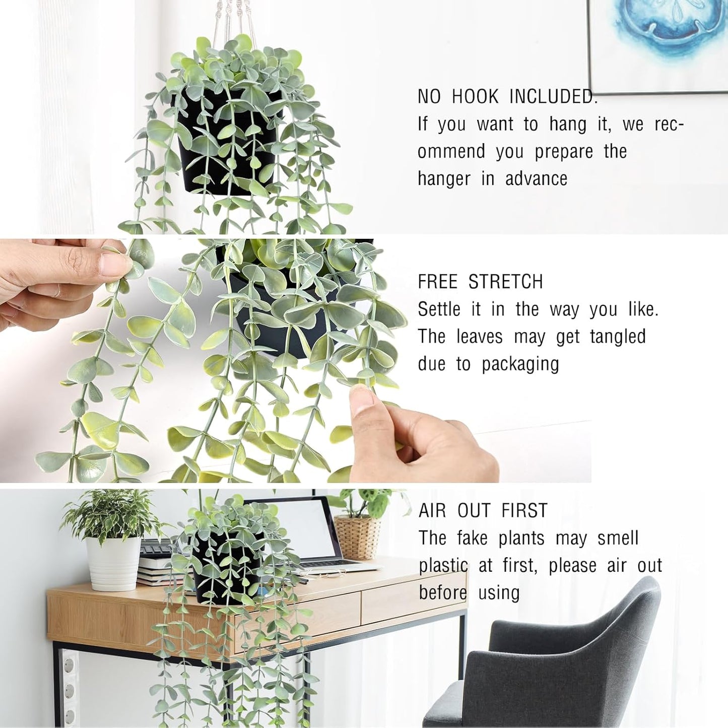 Waipfaru 4Pcs Fake Hanging Plants 2.7ft Fake Plants Eucalyptus Leaves UV Resistant Fake Vines Ivy Artificial Plants Outdoor Faux Plants Indoor Bedroom Living Room Boho Wall Porch Shelf Decor