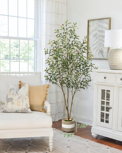 Artificial Olive Tree 6FT - Tall Faux Olive Trees Indoor with Planter&Cotton Basket, Large Fake Olive Plants Realistic Branches Natural Wood Trunk and Fruits for Home House Office Decor