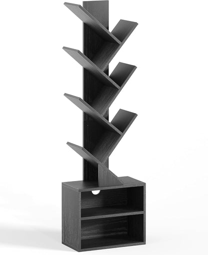 SUNMORY 6 Tier Tree Bookshelf, Small Bookcase with Storage Cabinet, Modern Tall Narrow Bookshelves Organizer, Floor Standing Book Shelf for Bedroom/Living Room/Home Office/Corner, Rustic Brown