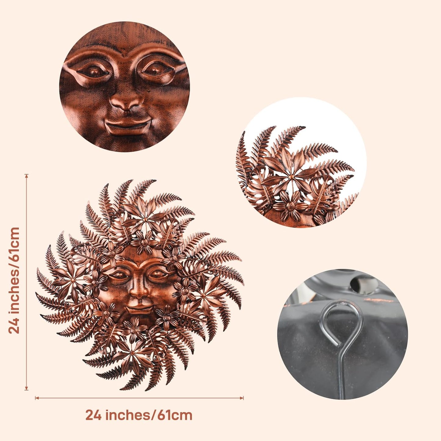 Large Metal Sun Wall Decor Outdoor, 27 Inch Sun and Moon Decor Metal Wall Art, 3D Sun Wall Decor for Patio Garden Yard Fence Bedroom Living Room Decoration