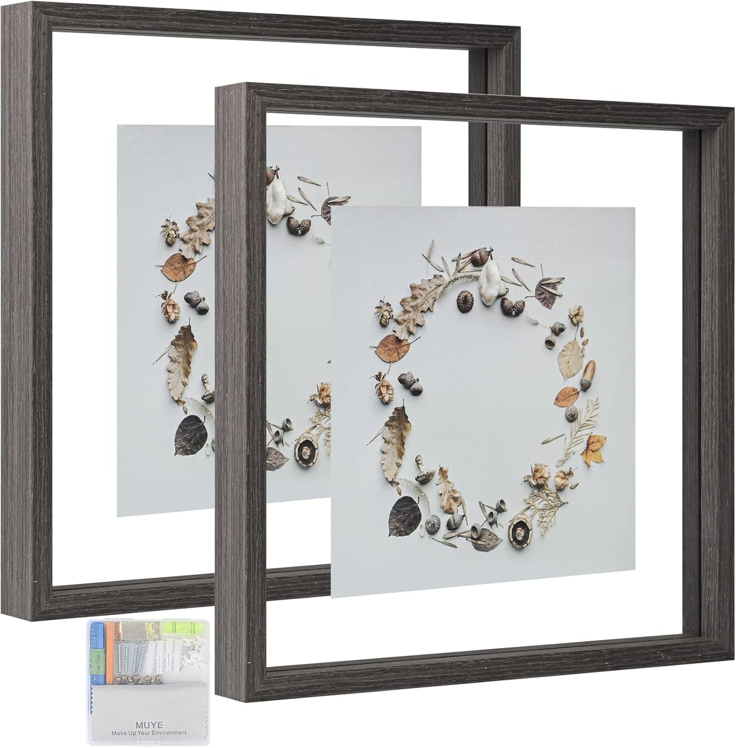 MUYE 11x14 Floating Frame Set of 2,Double Glass Rustic Frame,Display Any Size Photo up to 11x14,Wall Mount or Tabletop Standing,Natural