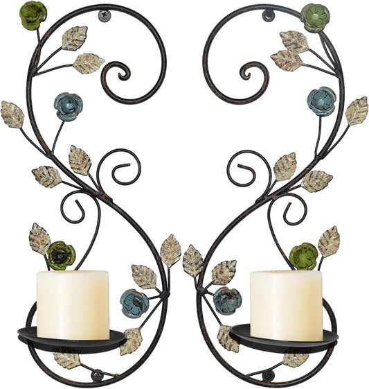 Wall Sconces Candle Holder Set of 2, Antique Multi-Color Leaf Branch Wall Mount Hanging Metal Wall Candle Holder Candle Sconce for Living Room Dining Room…