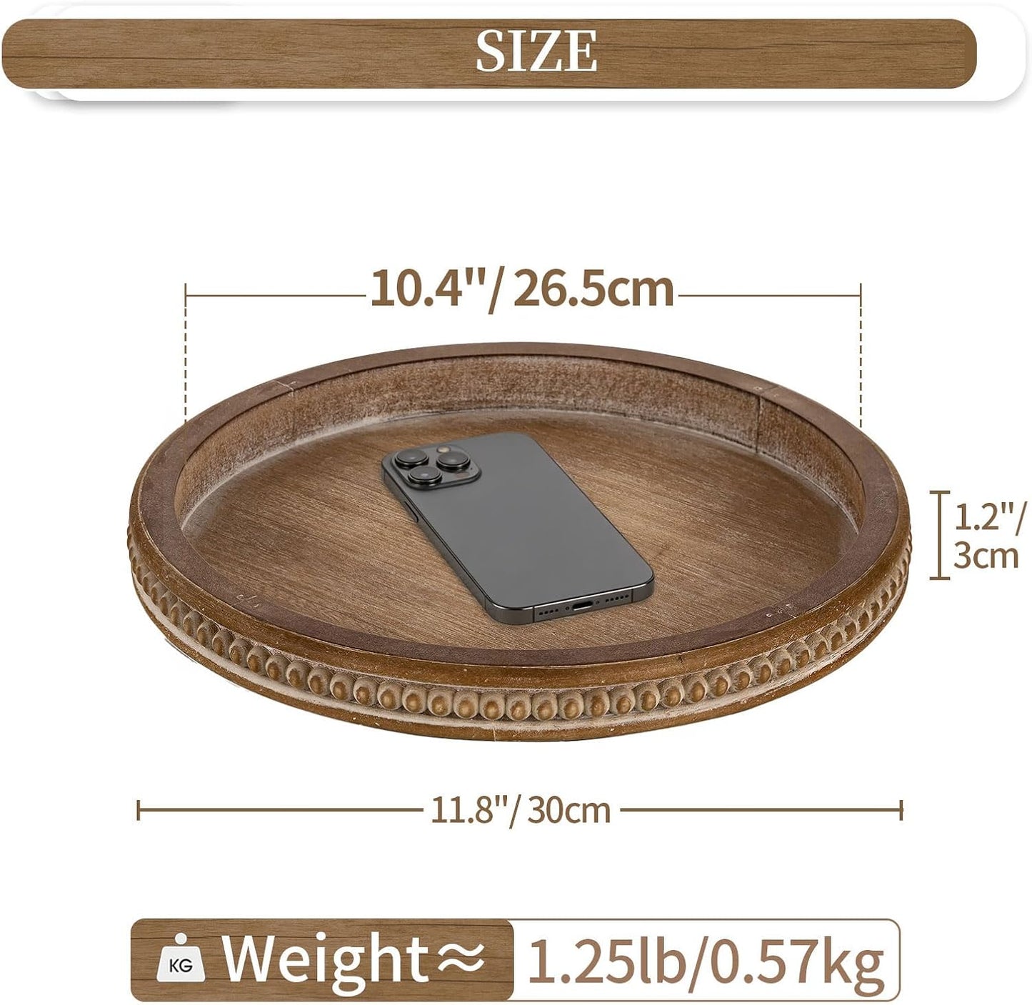Hanobe Round Wooden Decorative Tray: White Washed Bead Tray Decor for Coffee Table Centerpiece Rustic Farmhouse Tray for Kitchen Counter Living Room Decoration