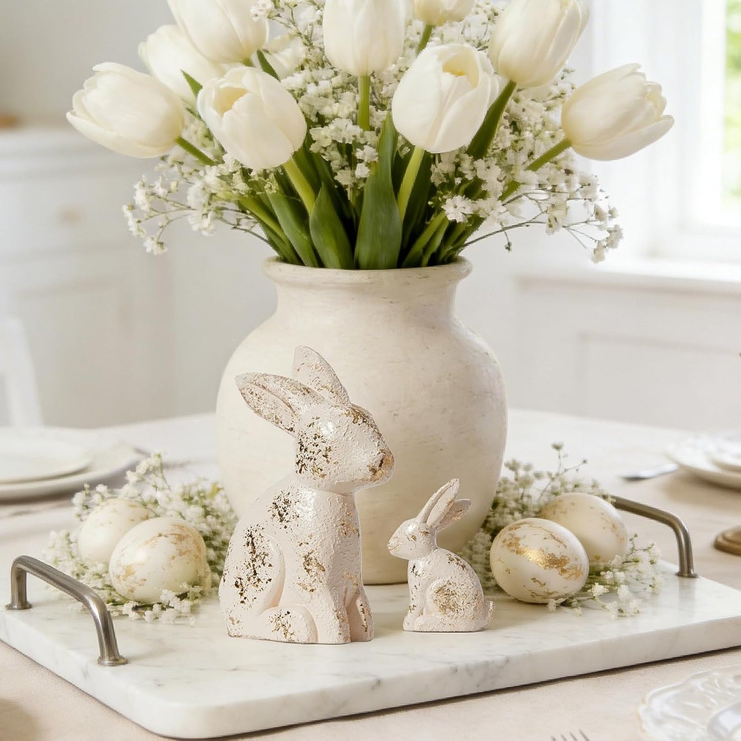 DN DECONATION Golden Polyresin Bunny Decor Rabbit Figurines, Easter Bunny Statue Set of 3 for Spring Tabletop Decor