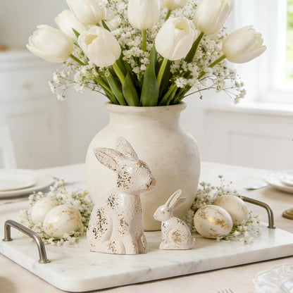 DN DECONATION Golden Polyresin Bunny Decor Rabbit Figurines, Easter Bunny Statue Set of 3 for Spring Tabletop Decor