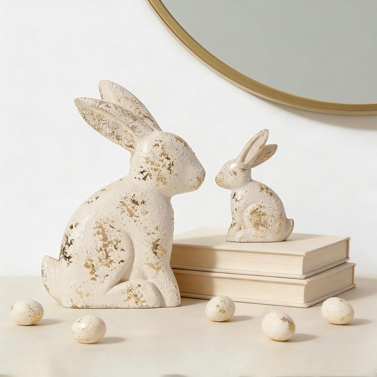 DN DECONATION Golden Polyresin Bunny Decor Rabbit Figurines, Easter Bunny Statue Set of 3 for Spring Tabletop Decor