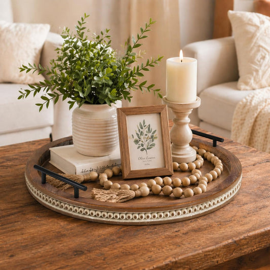 16 Inch Coffee Table Tray for Living Room, Beaded Round Wood Decorative Tray with Handles, Farmhouse Circle Trays for Kitchen Island Decor, Rustic Coffee Table Centerpiece Decor