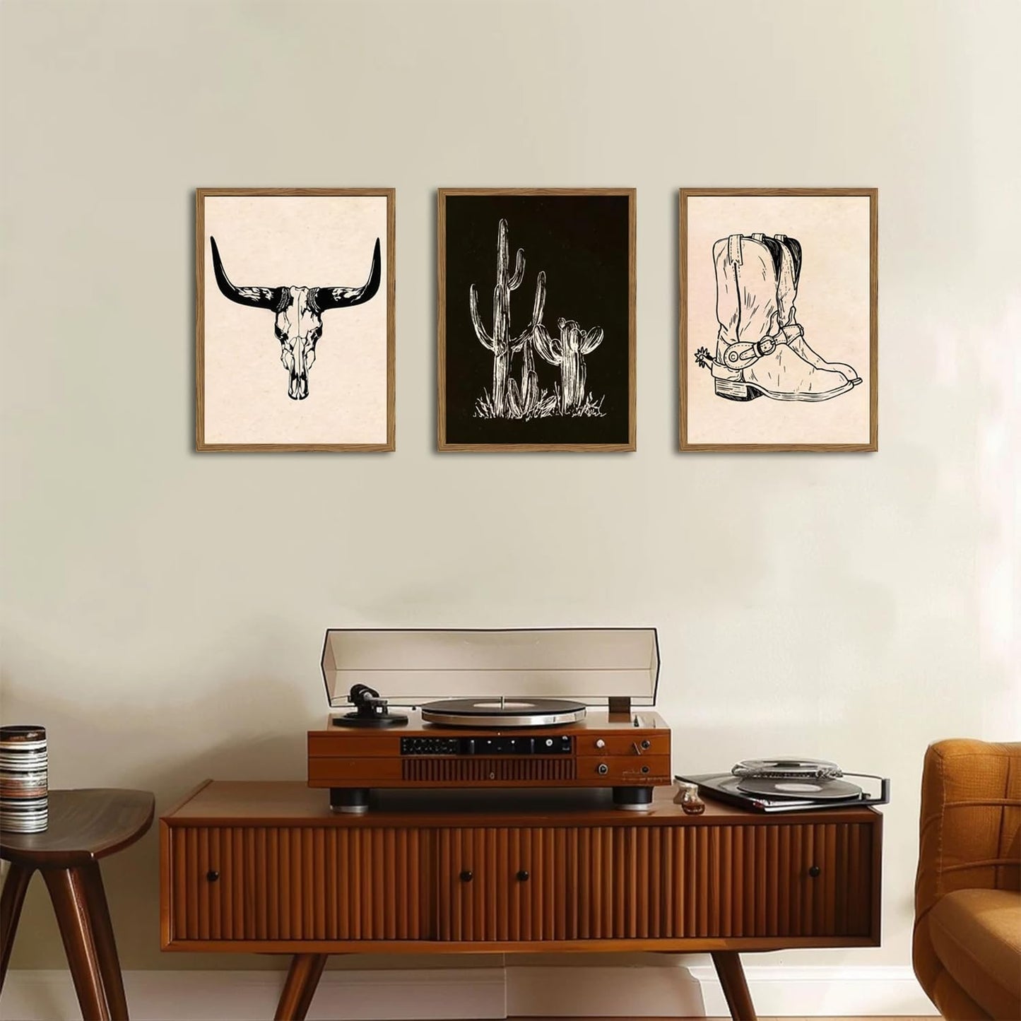 Western Wall Art Set of 3, Southwestern Cowboy Playing Card Wall Decor, Longhorn Bull Skull and How Lucky are We Poster Canvas Painting Prints for Bedroom Living Room 12x16 inch Wood Framed