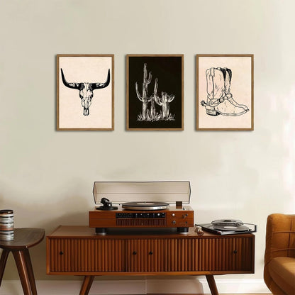 Western Wall Art Set of 3, Southwestern Cowboy Playing Card Wall Decor, Longhorn Bull Skull and How Lucky are We Poster Canvas Painting Prints for Bedroom Living Room 12x16 inch Wood Framed