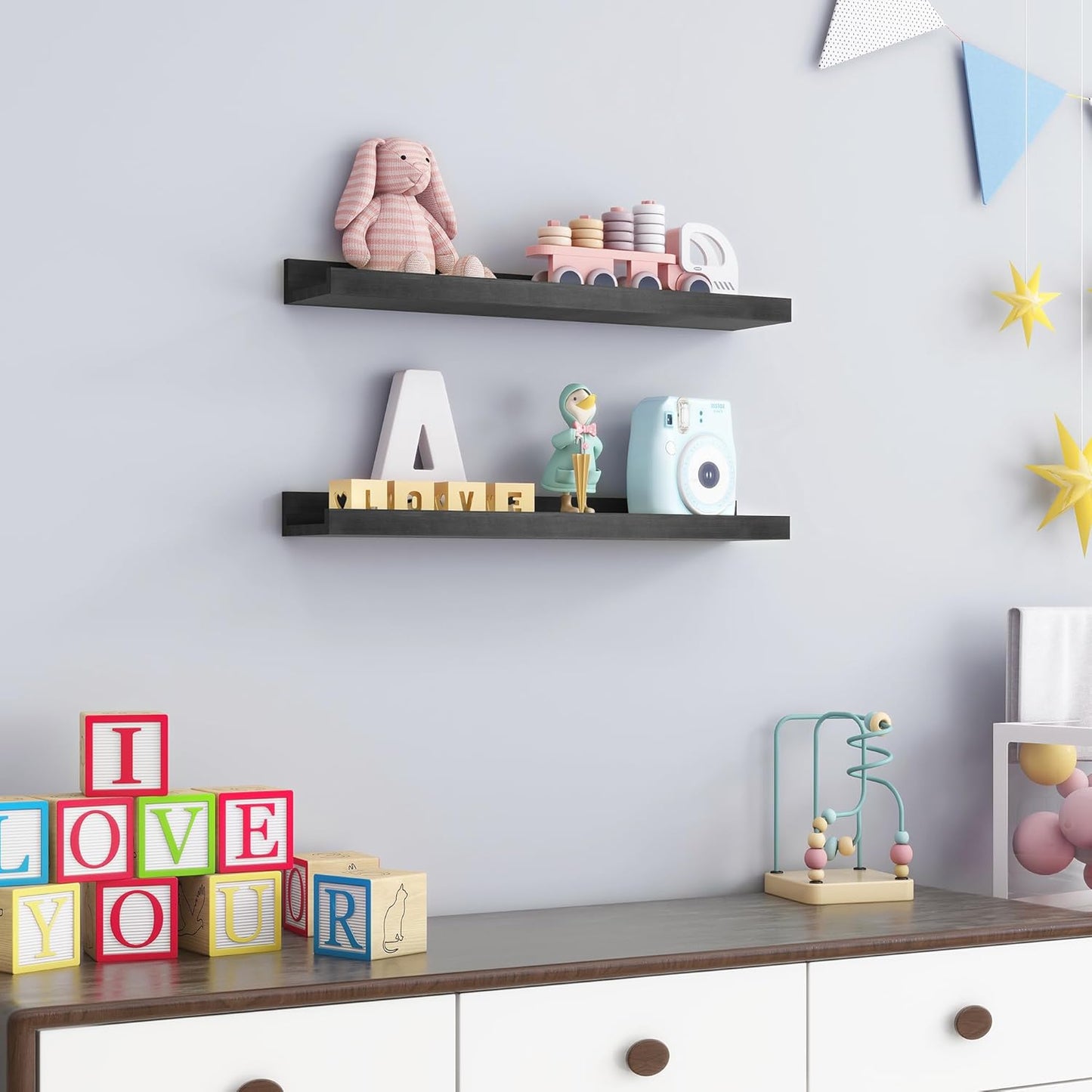 FLYJOE Picture Ledge Shelf, Floating Shelves Set of 2, Solid Pine Wood 55'' Long Large Nursery Book Shelves for Toys Storage, Kids Bookshelf for Living Room Bedroom Decor Books Photo Frames, Walnut