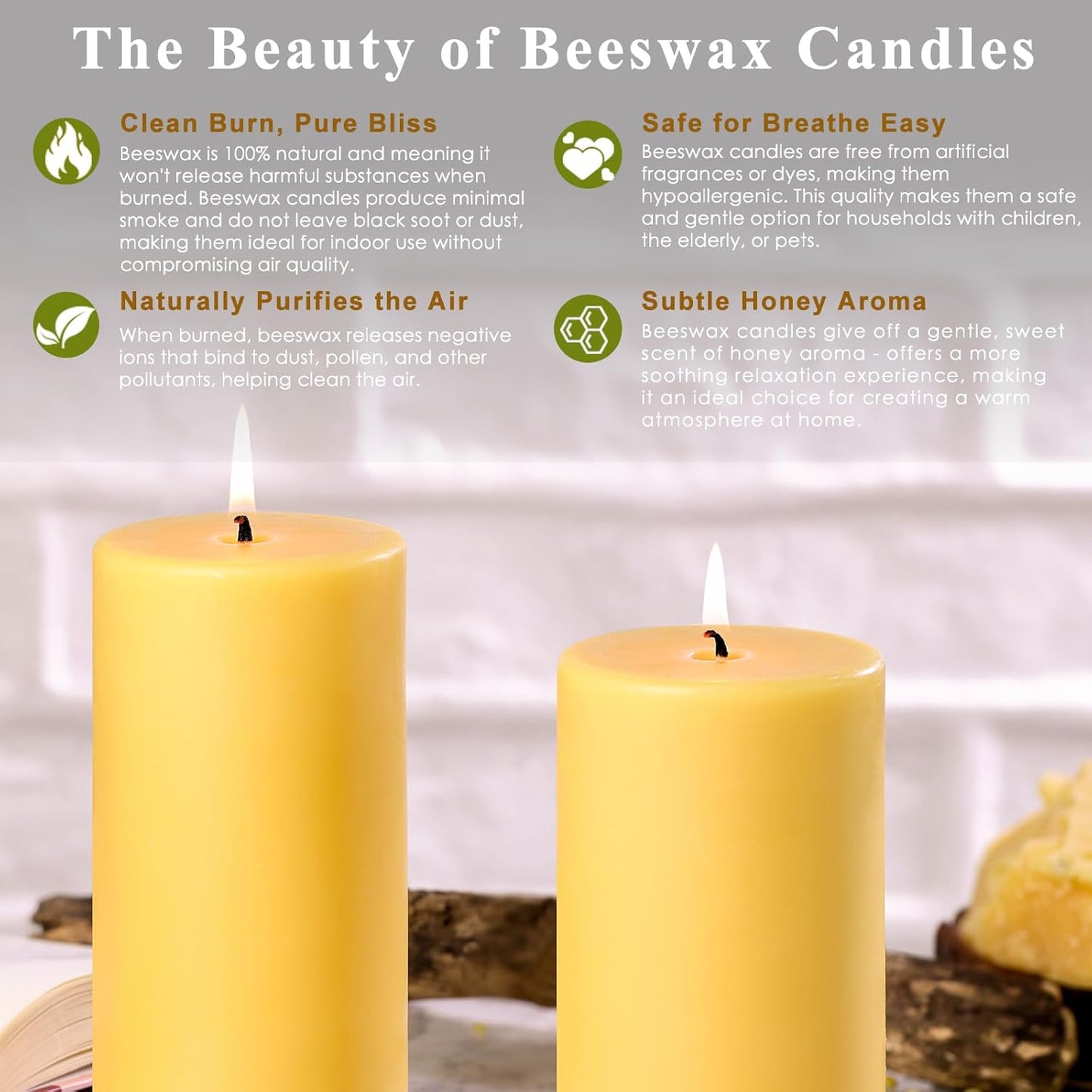 2x5 Inch Beeswax Candles, 4 Packs, 100% Natural Beeswax Pillar Candles, 52 Hours Burn Time, Pure Emergency Candle Long Burning for Home Decor, Gift Sending, Smokeless & Dripless