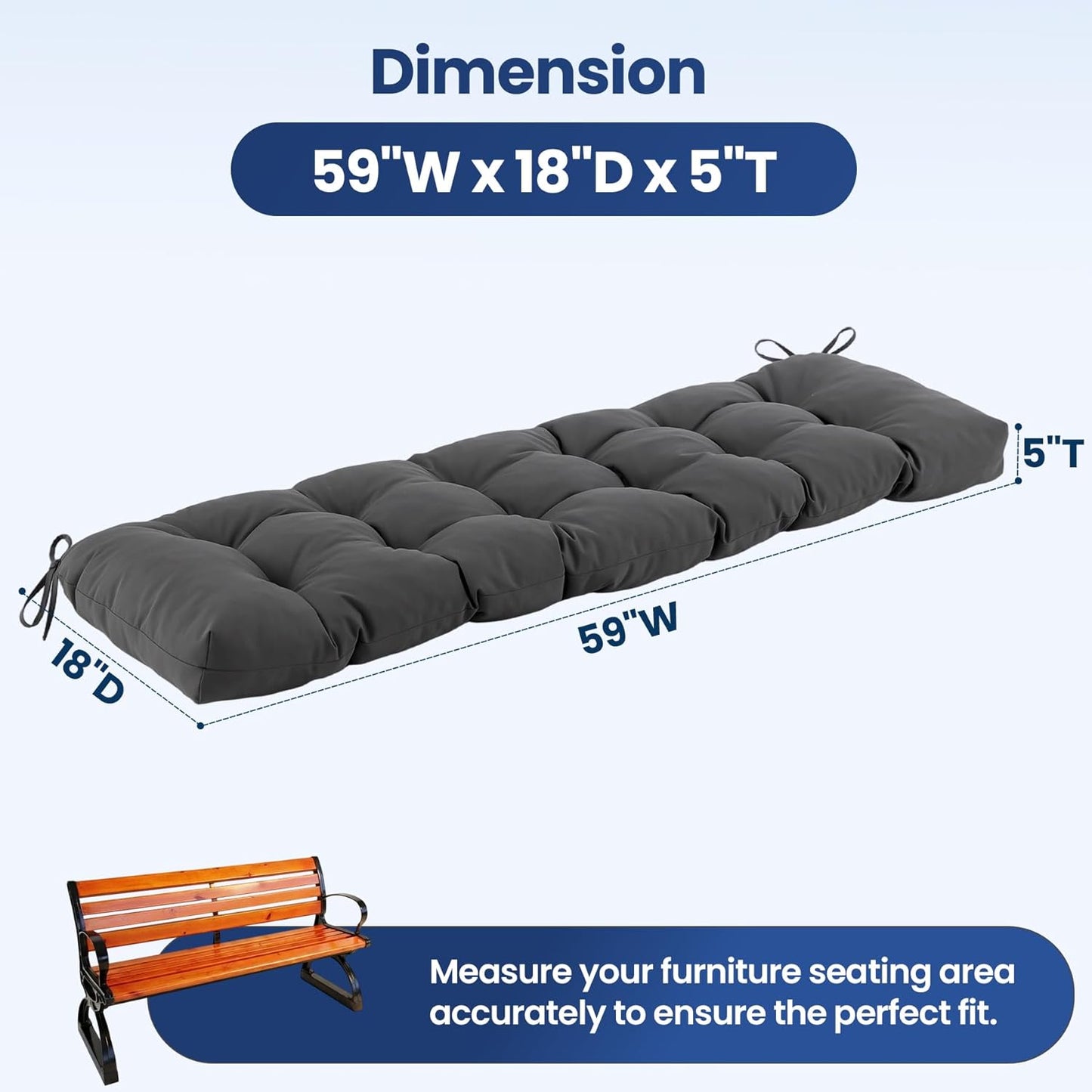 IASEAHK Outdoor Bench Cushion 48x18x5 Inch, Waterproof & Fade-Resistant Patio Furniture Cushions, Tufted Memory Foam Indoor/Outdoor Cushions for Couch Swing with Non-Slip Backing & Straps, Dark Grey