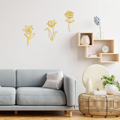 Oubasa Metal Flowers Wall Art Set of 3, Farmhouse Floral Home Decoration, Modern Line Art Flower Wall Decor for Living Room Bedroom Bathroom, Minimalist Botanical Wall Sculpture – Lily, Tulip, Rose