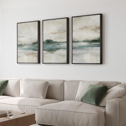 Large Framed Abstract Nature Landscape Wall Art for Living Room, Set of 3 Modern Canvas Prints Paintings Artwork for Walls, Green Lake Pictures for Hallway, Dining Room, Office Wall Decor 24x36 Inch