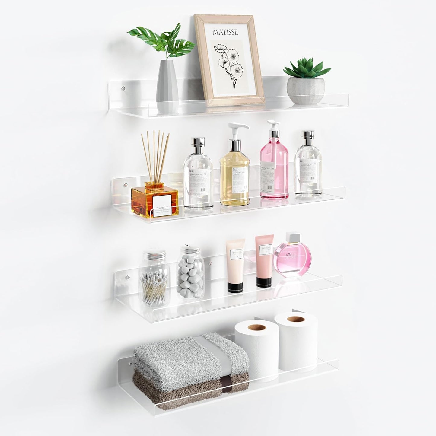 upsimples 6 Pack Acrylic Shelves for Wall Storage, 15" x 4“ Floating Bookshelves for Kids, Display Shelf Organizer for Bathroom, Bedroom, Living Room, Kitchen, Room Decor, Clear