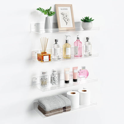 upsimples 6 Pack Acrylic Shelves for Wall Storage, 15" x 4“ Floating Bookshelves for Kids, Display Shelf Organizer for Bathroom, Bedroom, Living Room, Kitchen, Room Decor, Clear