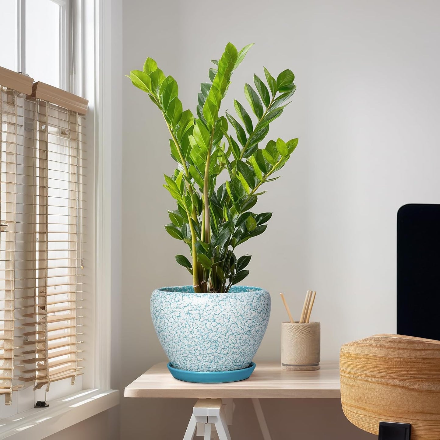 6 Inch Plant Pot - Ceramic Pots for Plants with Drainage Hole and Saucer, Round Succulent Planter Indoor Outdoor, Modern Flower Pot for Snake Plants, Home Decor, Gifts for Plant Lover, Blue
