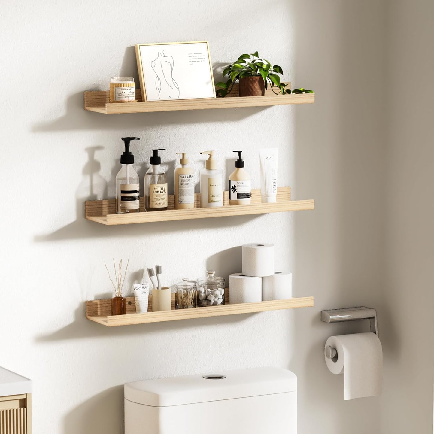 upsimples 6 Pack Wooden Floating Shelves, Wall Storage Decor Shelf for Bathroom, Bedroom, Living Room, Kitchen, Office and Laundry Room, Wall Mounted Display Hanging Shelf, Brown