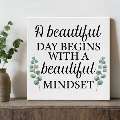 Inspirational Farmhouse Canvas Print Wall Art Decor One Small Positive Thought in the Morning Can Change Your Whole Day Sign Painting Plaque Rustic Home Decoration (8 X 8 Inches, Framed)