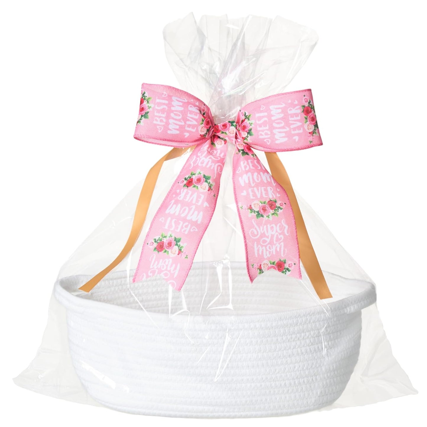 Small Woven Gift Basket Empty with Bag & Ribbon - Gifts for Mom, Baby Shower, Birthdays & Raffle - Cotton Rope Storage Basket for Dog Toys or Shelf - 12"x8"x5", White