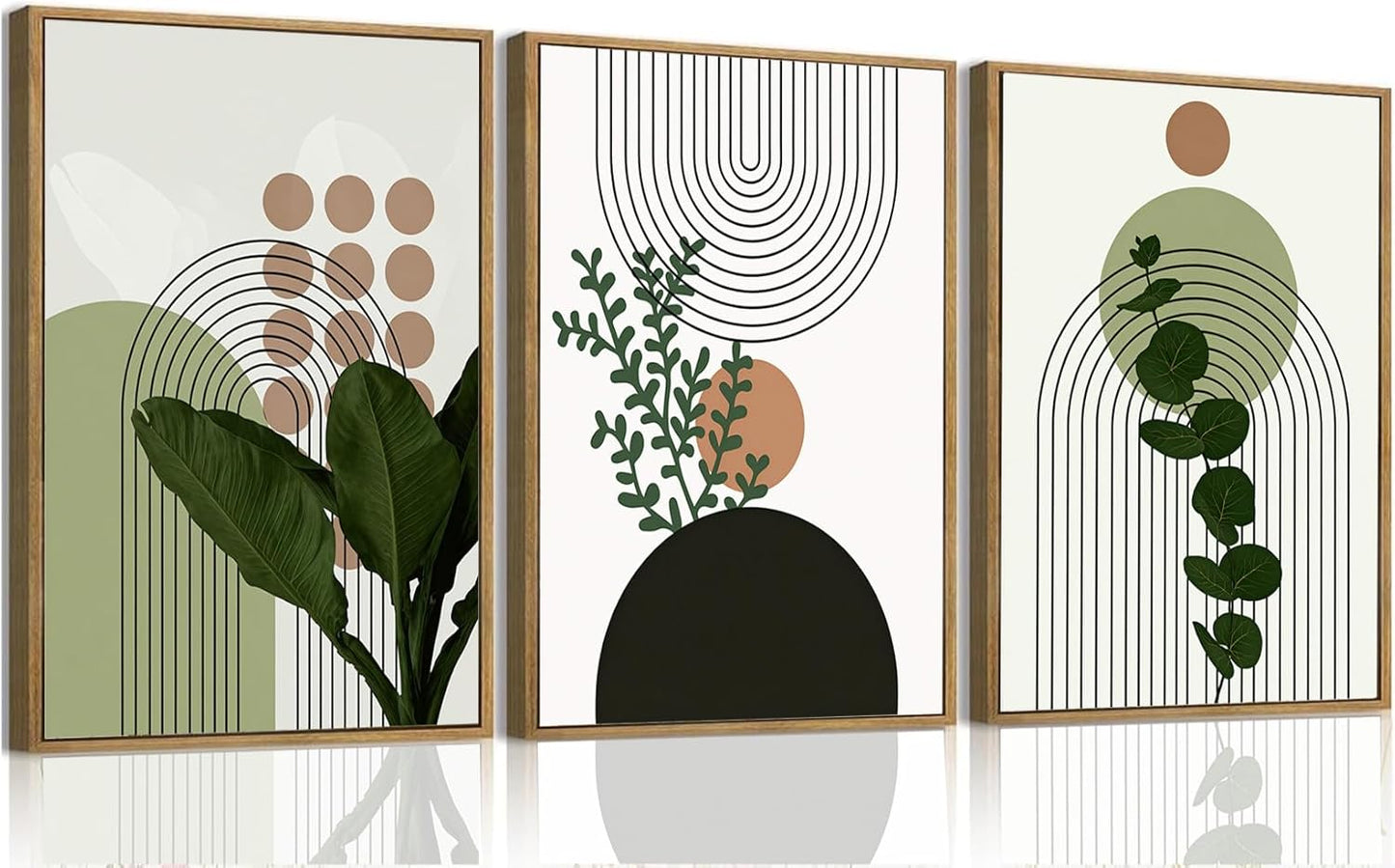 Bwodke Boho Wall Art, Framed Abstract Wall Art, Green Botanical Neutral Canvas Wall Decor, Large Mid Century Plant Pictures Set of 3, Modern Minimalist Paintings, for Bedroom Living Room Bathroom