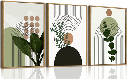 Bwodke Boho Wall Art, Framed Abstract Wall Art, Green Botanical Neutral Canvas Wall Decor, Large Mid Century Plant Pictures Set of 3, Modern Minimalist Paintings, for Bedroom Living Room Bathroom