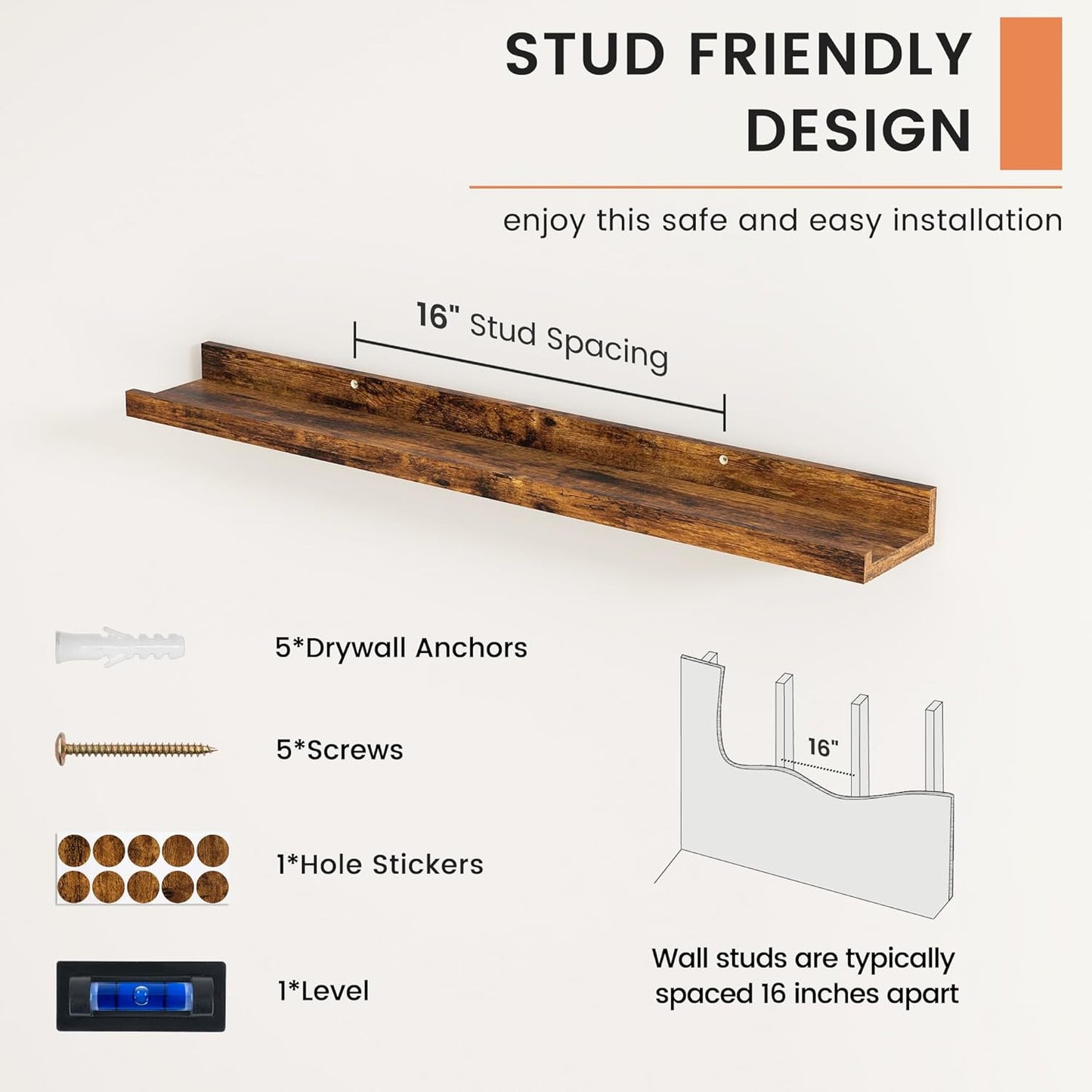 FLYJOE Picture Ledge Shelf, Floating Shelves Set of 2, 48 Inches Long Large Nursery Book Shelves for Toys Storage, Kids Bookshelf Wall Mounted for Living Room Bedroom Decor Books Photo Frames, Walnut