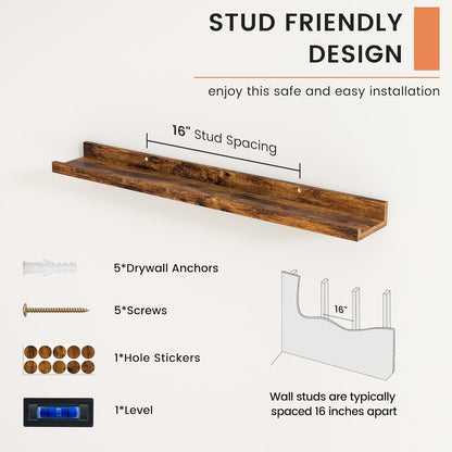 FLYJOE Picture Ledge Shelf, Floating Shelves Set of 2, 48 Inches Long Large Nursery Book Shelves for Toys Storage, Kids Bookshelf Wall Mounted for Living Room Bedroom Decor Books Photo Frames, Walnut